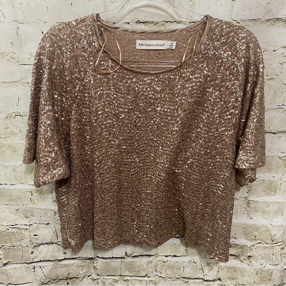NEW Rebecca Minkoff Bronze Sequin Short Sleeve Cropped Dressy Top - Picture 1 of 5
